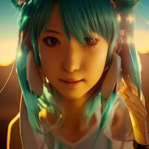 Image similar to hatsune miku, volumetric lighting, beautiful, golden hour, sharp focus, ultra detailed, cgsociety by leesha hannigan, ross tran, thierry doizon, kai carpenter, ignacio fernandez rios, noir photorealism, film