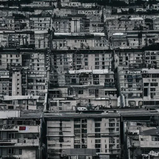 Image similar to a city made completely of equidistant, identical concrete buildings. melancholy, dark, dirty, 4 k photography.