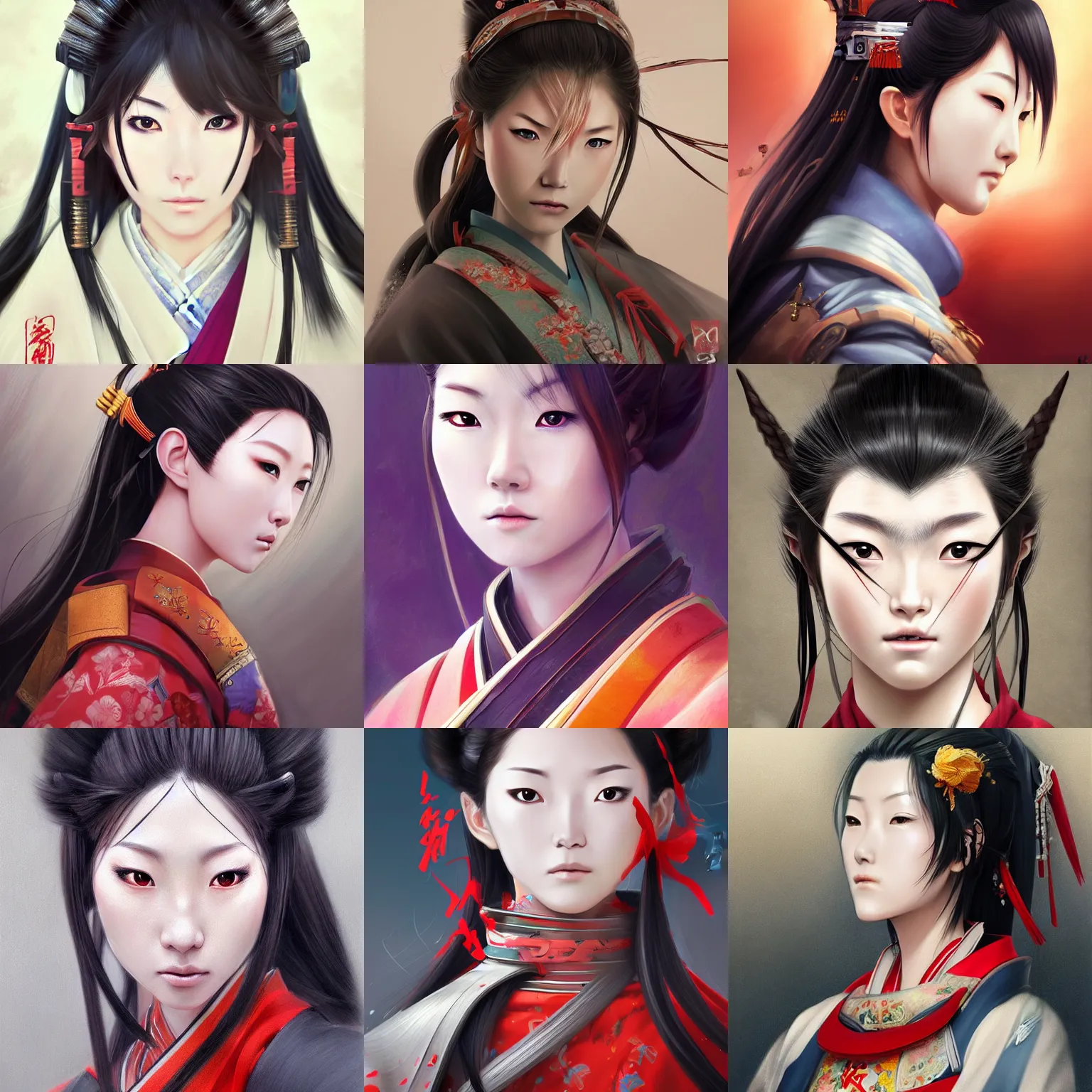 Prompt: A realistic anime portrait of a beautiful samurai woman with a human face wearing a samurai outfit, digital painting, by Stanley Artgerm Lau, WLOP, and Rossdraws, digtial painting, trending on ArtStation, deviantart