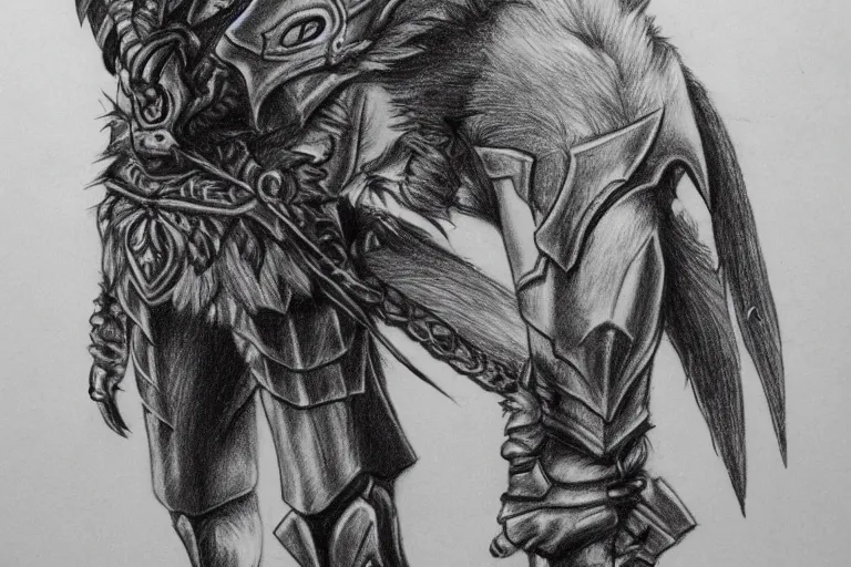 Image similar to a pencil drawing of a wolf, full body, D&D, armor, made by by Pen Tacula