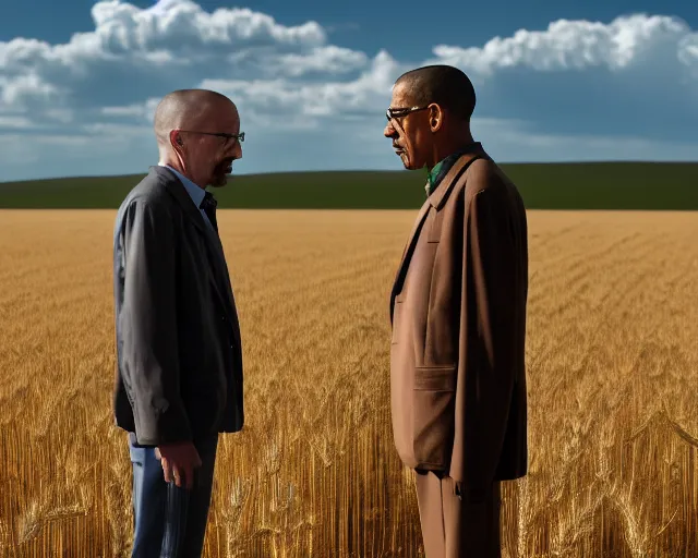 Image similar to extreme long shot of walter white and gustavo fring stand facing each other from a distance in a wheat field, side view, 3 5 mm photograph, 8 k resolution, wide shot, sharp lens