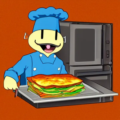 Image similar to anime style cute platypus on a kitchen wearing a chef hat and holding a lasagna into an oven, anime style, 3 d, chibi style