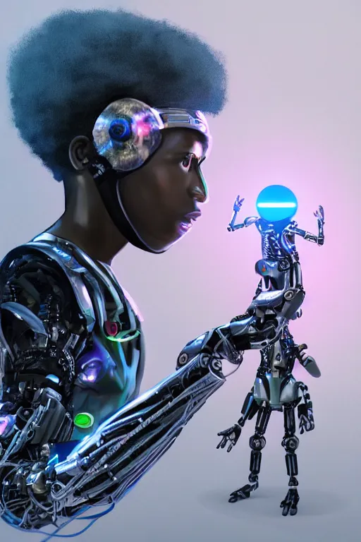 Prompt: a black kid fixing his futuristic robot in the nature, mixing solarpunk, afropunk ( ( ( ( volumetric light ) ) ) ), high angle, part by pearl fryar, part by prince damah, sunny day, trending on artstation, cinematic view, illustration, painting, realisticr