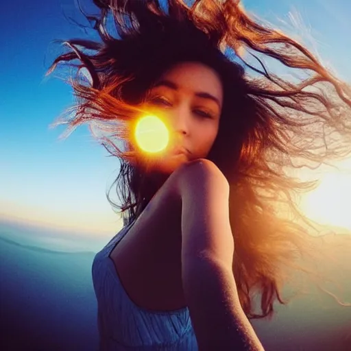 Image similar to Selfie of a beautiful woman with gorgeous flowy hair, standing over a cliff, beautiful volumetric lighting, subsurface scattering!!!!!!, (((((vivid))))) atmosphere, radiant sunshine, trending on artstation, 4k, 8k, artstation portrait imagery, fisheye!!!!! lens, instagram!!!!! selfie!!!!!