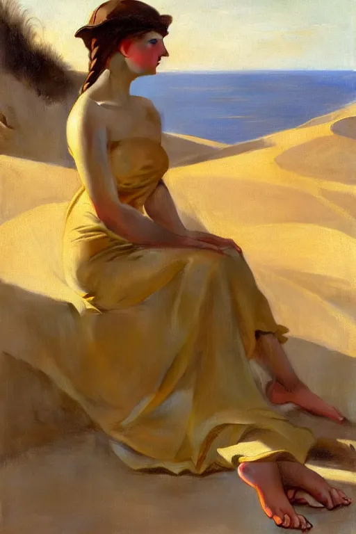 Prompt: young north woman wearing tight gold dress, sitting, aesthetic pose, with naked beautiful feet with blue pedicure, copious gold jewelry, sand dunes to the horizon, late afternoon, fantasy, oil painting on canvas, by sargent and leyendecker