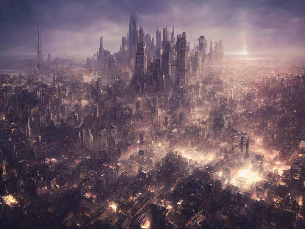 Image similar to The viewer is standing on top of a hill overlooking a cityscape from above. There are many buildings below them, but there is one building that has an unusual shape. It looks like its made up of cubes, concept art, stunning volumetric light, fantasy, super wide angle, trending on artstation