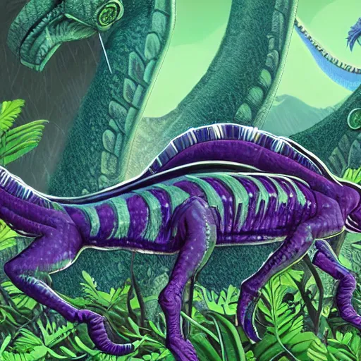 Prompt: Concept art of a reptilian raptor-like alien creature, surrounded by a lush alien jungle with purple flora, digital art, artist unknown