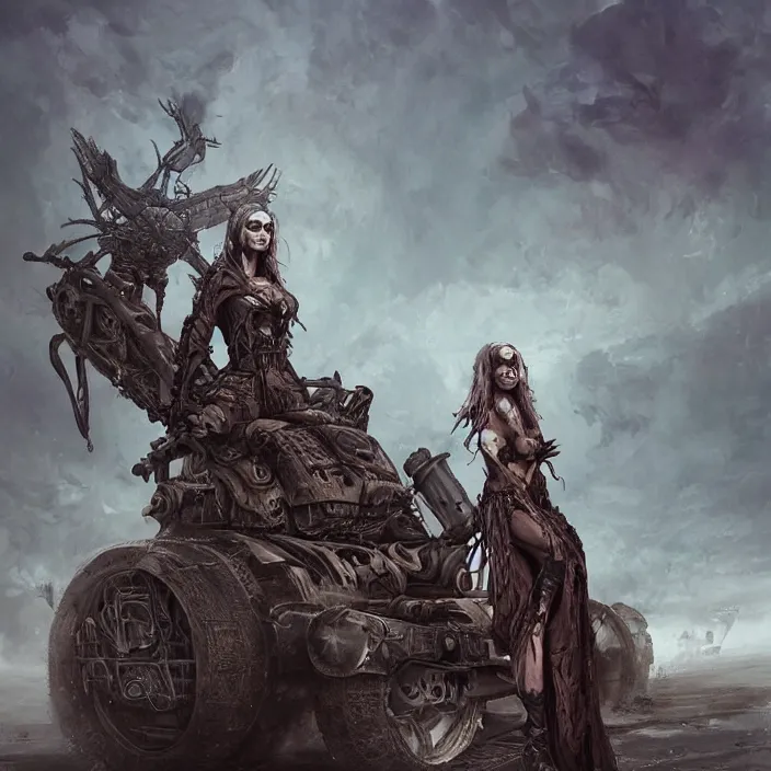 Prompt: beautiful apocalyptic woman in hooded cloak, standing on mad max panzer tank, hyper-detailed, smooth, sharp focus, 4k ultra hd, fantasy dark art, tank girl, artgerm, artstation, octane render, detailed digital painting, apocalyptic art, peter mohrbacher, Francis bacon