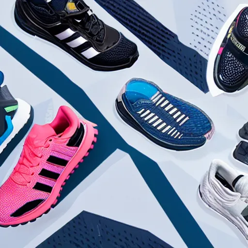 Image similar to the future of running shoes, product catalog shots, mecha details and colorful, Adidas