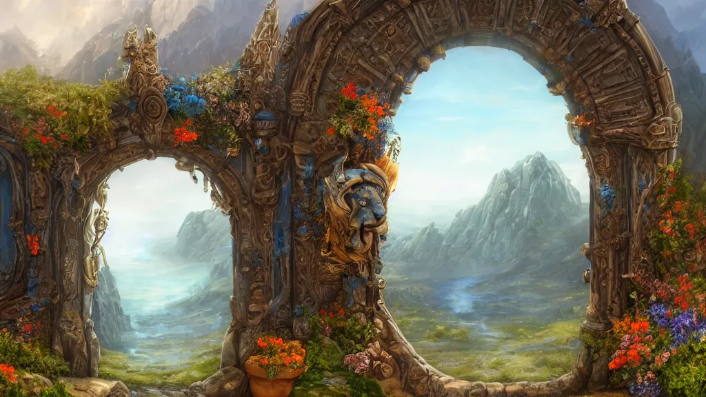 Prompt: A giant medieval fantasy blue energy portal gate with a rusty gold carved lion face at the center of it, the portal takes you to another world, full of colorful flowers on the lost Vibes and mountains in the background, spring, delicate fog, sea breeze rises in the air, by andreas rocha and john howe, and Martin Johnson Heade, featured on artstation, featured on behance, golden ratio, ultrawide angle, f32, well composed