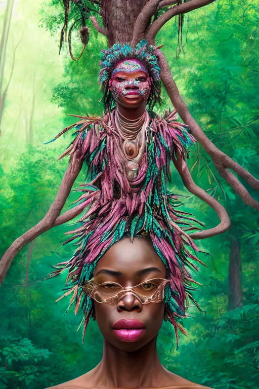 Image similar to hyperrealistic post - maximalist masterpiece super expressive! yoruba goddess with pink exoskeleton armor, merging with tree in a forest, highly detailed digital art cinematic, smooth cam de leon eric zener dramatic pearlescent soft teal light, ground angle hd 8 k, sharp focus