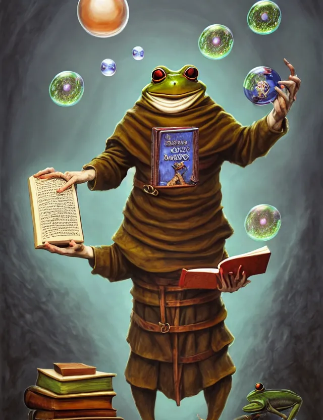 Prompt: anthropomorphic bipedal frog that is dressed as a medieval librarian, and holding a giant book in his hand, as a matte oil painting and d & d character art, by alex grey, standing, fullbody, floating bubbles, long white beard, concept art, award - winning, extremely detailed, sharp focus