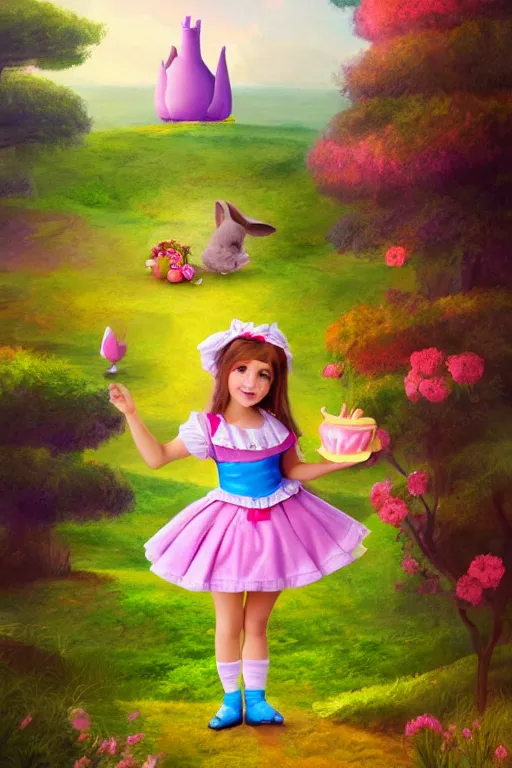 Image similar to matte sharp painting cute little girl dressed as alice and cute rabbit landscape painted by mark rydel and lisa frank, artstation behance storybook