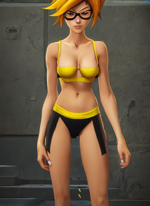 tracer game character, in black bikini, blonde hair