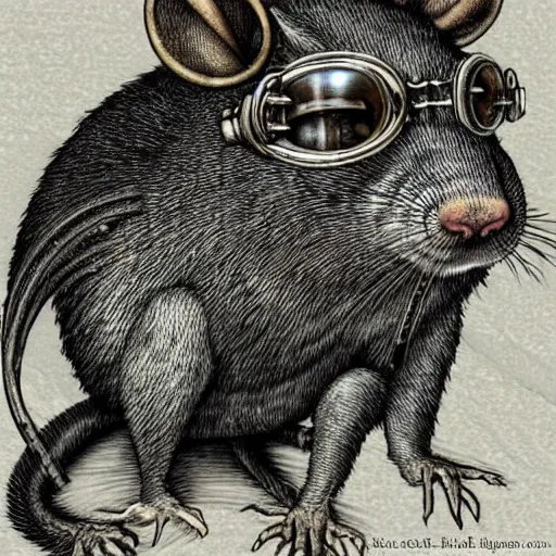 Image similar to a rat with steampunk googles, by HR Giger