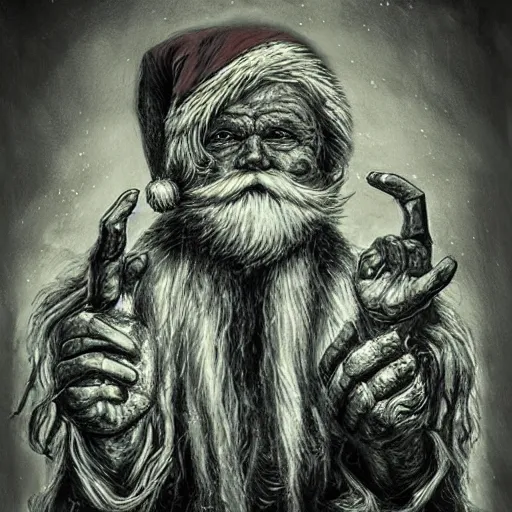 Image similar to you better watch out you better not cry you better not pout i'm telling you why santa claus is coming to town, in the style of h. r. giger, horror, dark, grain, realistic lighting, monochromatic