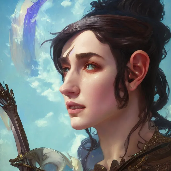 Prompt: excellent painted portrait of a half-elf bard, high quality painting with detailed face, 4k, trending on artstation, octane render, art by artgerm and greg rutkowski and alphonse mucha and craig mullins and James Jean and Andrei Riabovitchev and Marc Simonetti and peter mohrbacher