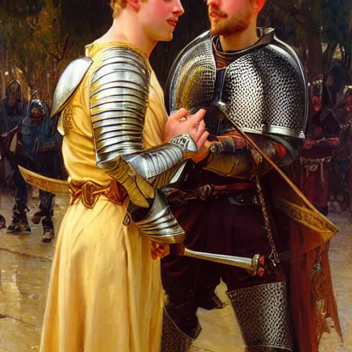 Image similar to attractive fully clothed arthur pendragon confesses his love for his attractive fully clothed male knight. highly detailed painting by gaston bussiere and j. c. leyendecker 8 k