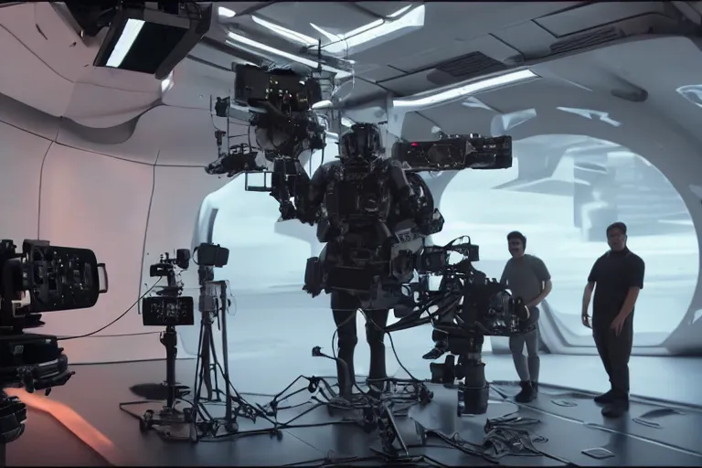 Image similar to vfx film, behind the scenes, on location, set design, making of, big film production, cinematographer filming futuristic tesla humanoid robots, high tech space ship interior, flat color profile low - key lighting award winning photography arri alexa cinematography, hyper real photorealistic cinematic, atmospheric cool colorgrade