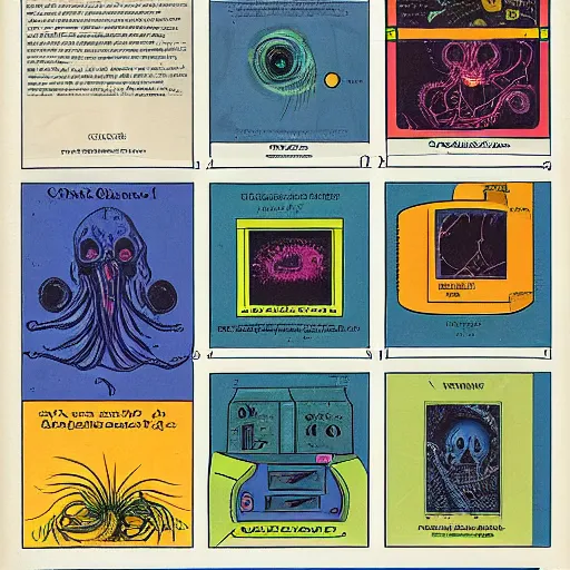 Prompt: 1980s computer manual, eldritch horror, illustration, deep ones, necromicon, BASIC programming language
