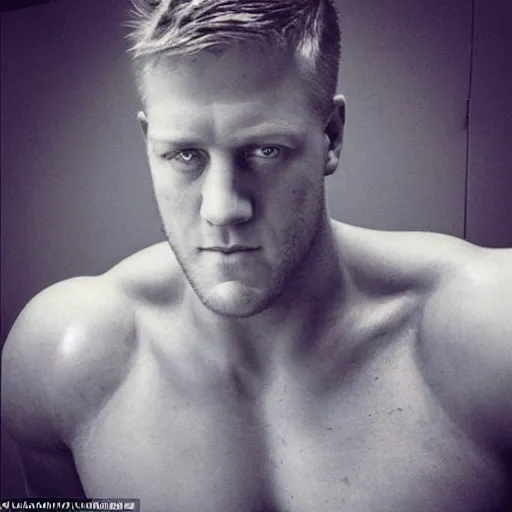 Image similar to “a realistic detailed photo of a guy who is an attractive humanoid who is half robot and half humanoid, who is a male android, football player JJ Watt, shiny skin, posing like a statue, blank stare”