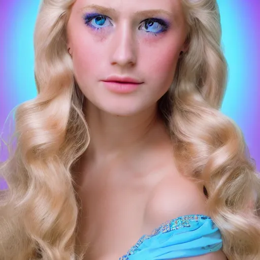 Image similar to close up headshot of a princess with long blonde hair and light blue eyes wearing a strapless elaborately beaded pink dress, high resolution film still, 8k, HDR color, film by Simon Langton and David Frankel, triangular face, slight freckles, round narrow chin, straight jawline, natural lips, high cheekbones