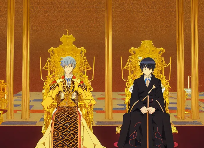 Image similar to key anime visual portrait of a king's throne room interior, servants, nobles, dynamic pose, cinematic, film grain, designed by yoh yoshinari and ilya kuvshinov, detailed, intricate, at night, dramatic lighting, interior by gustav klimt, costumes by mika pikazo