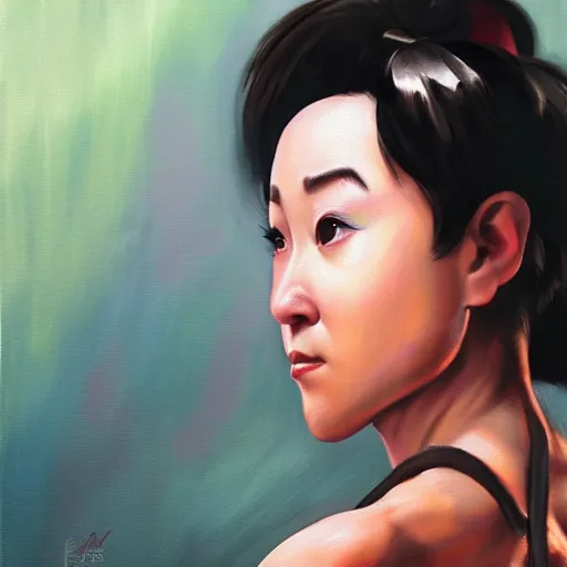 Image similar to ultra realistic kristen schaal as chun li from street fighter, portrait painting by frank frazetta, 4 k, ultra realistic, highly detailed,