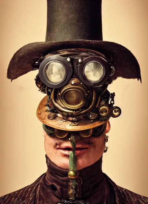 Image similar to closeup portrait of a steampunk medieval goblin wearing a top hat and goggles, depth of field, zeiss lens, detailed, symmetrical, centered, fashion photoshoot, by Annie Leibovitz and Steve McCurry, David Lazar, Jimmy Nelsson, Breathtaking, 8k resolution, extremely detailed, beautiful, establishing shot, artistic, hyperrealistic, beautiful face, octane render