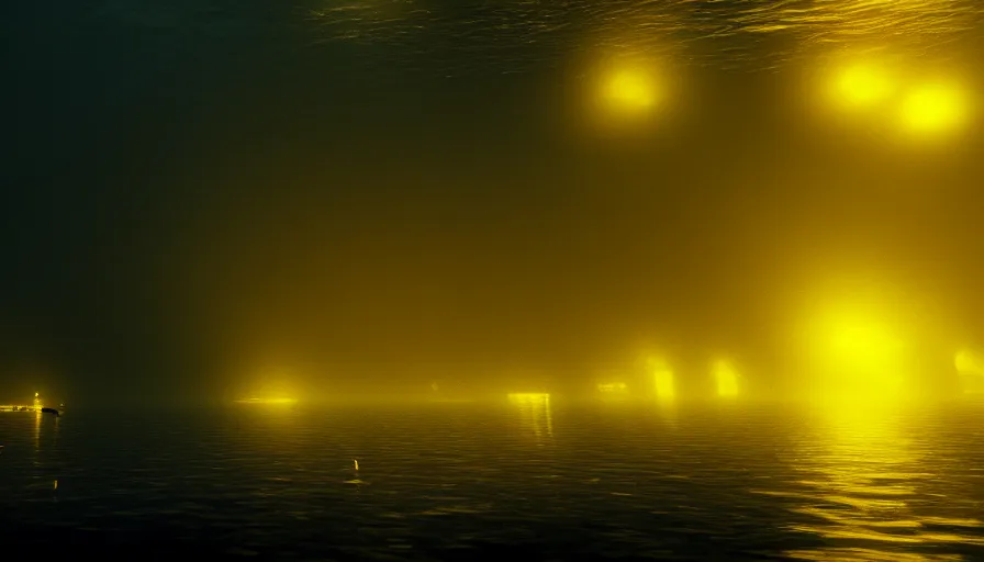 Image similar to a city underwater, landscape shot, small fish swimming around, yellow lights, by jmw turner, cold colors, highly detailed, moody lighting, octane render, 4 k, 8 k, ultrarealistic