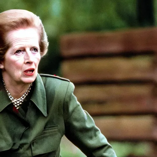 Image similar to A movie still of Margaret Thatcher as Rambo in Rambo First Blood (1982)