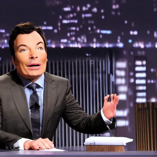 Image similar to evil hooded jimmy fallon in his evil lair