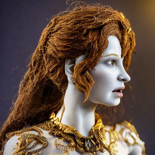 Image similar to photo taken of an epic intricate, ultra detailed, super realistic bust of a young majestic gracious regal beautiful aristocratic female vampire stop motion puppet created by weta workshop, menacing, some zoomed in shots, photorealistic, sharp focus, white wall, extremely cold blueish colour temperature, 3 5 mm, f 1. 4, golden ratio