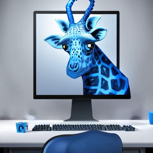 Image similar to concept art of blue giraffe in the office working on a computer, full view, full size, hyper detailed, digital art, artstati on, high definition cgsociety, sk, render, cinematic, symmetry, hyper realistic