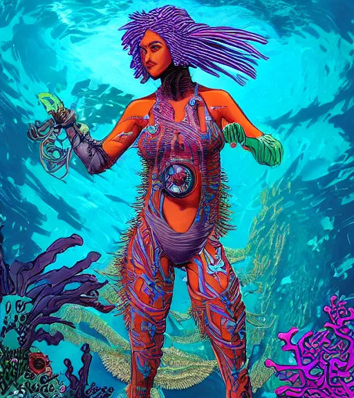 Prompt: a cyberpunk Polynesian fish woman swims through a vibrant dark alien coral reef, Industrial Scifi, detailed illustration, character portrait, by Martin Grip and Moebius