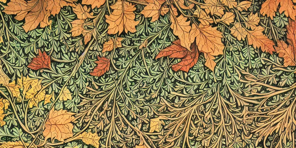 Prompt: breathtaking detailed concept art painting of goddesses of autumn, vintage illustration pattern with bizarre compositions blend of plants and stems and leaves by william morris, exquisite detail, extremely moody lighting, 8 k
