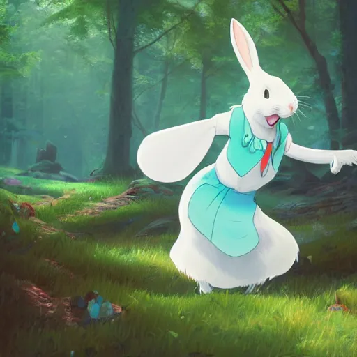 Image similar to concept art painting of an anthropomorphic white rabbit wearing a turquoise dress, in the deep forest, realistic, detailed, cel shaded, in the style of makoto shinkai and greg rutkowski and james gurney