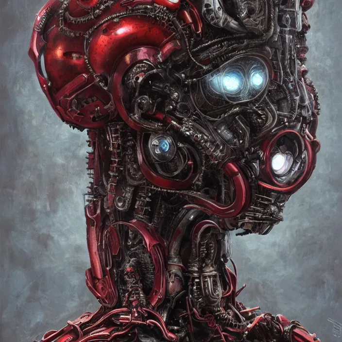 Prompt: in the art style of h. r. giger a portrait of a ruby ultron from age of ultron, clockwork steampunk, head and chest only, by beksinski, 4 k, deviantart, trending on artstation