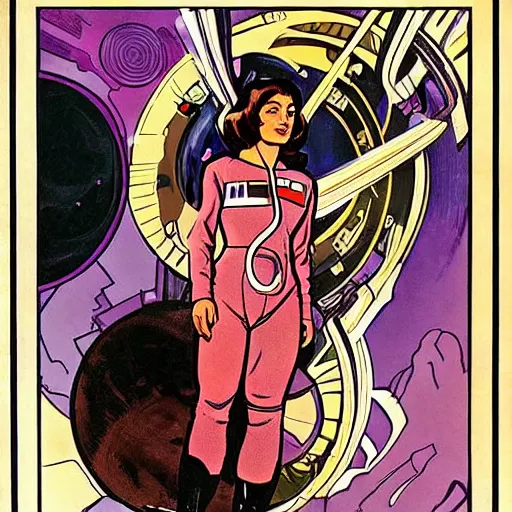 Image similar to a woman with straight brown hair, floating in space. she is an astronaut, wearing a space suit. well composed, clean elegant painting, beautiful detailed face. comic book art by steve ditko and jack kirby and ( alphonse mucha )