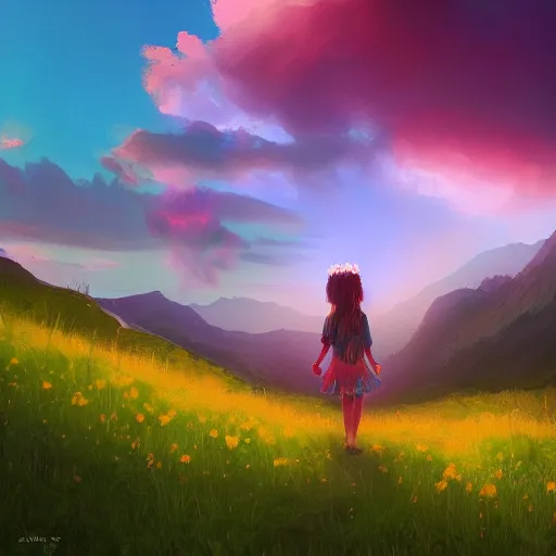 Image similar to giant daisy flower head, girl hiking in the mountains, surreal photography, sunrise, dramatic light, impressionist painting, colorful clouds, digital painting, artstation, simon stalenhag