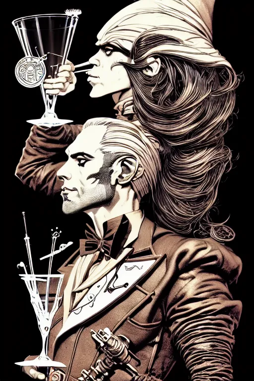 Image similar to side view of a majestic steampunk alchemist wise male wizard holding a martini, high details, bold line art, by vincent di fate and joe fenton, inking, etching, screen print, masterpiece, trending on artstation, sharp, high contrast, hyper - detailed,, hd, 4 k, 8 k