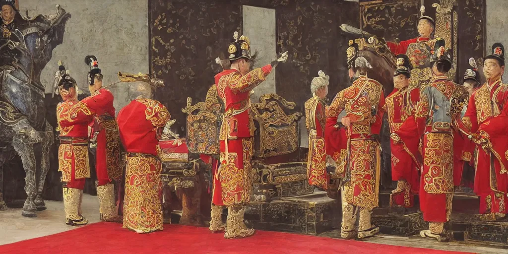 Image similar to Highly detailed and cinematic romantic period oil painting of Imperial Chinese palace guards bowing to the Chinese emperor who is sat upon a throne, strong atmosphere, oil painting masterpiece by Josep Tapiró Baró, symmetry, fractals