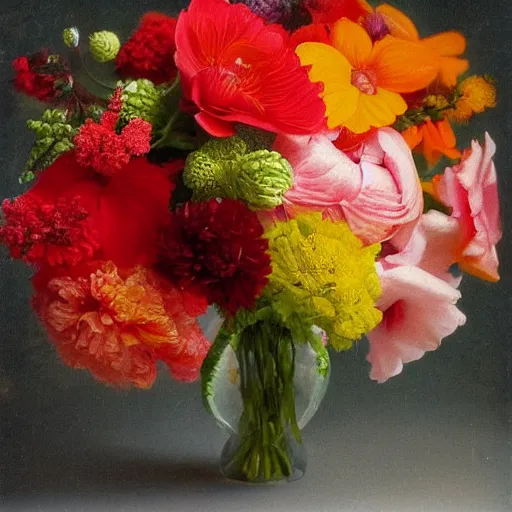 Image similar to lush floral bouquet in reds oranges yellows greens by rachel ruysch