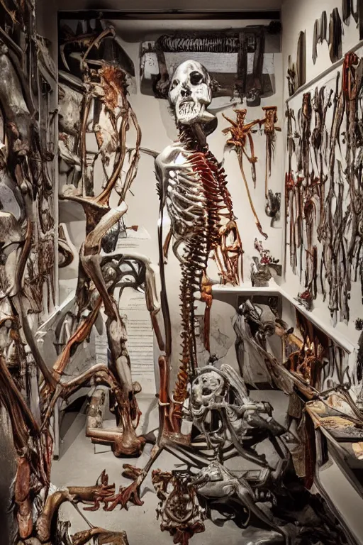 Image similar to inside a museum, a room where anatomical body parts are piece of arts by Rob Bottin, filth and grim, very detailed, ultra realistic photography