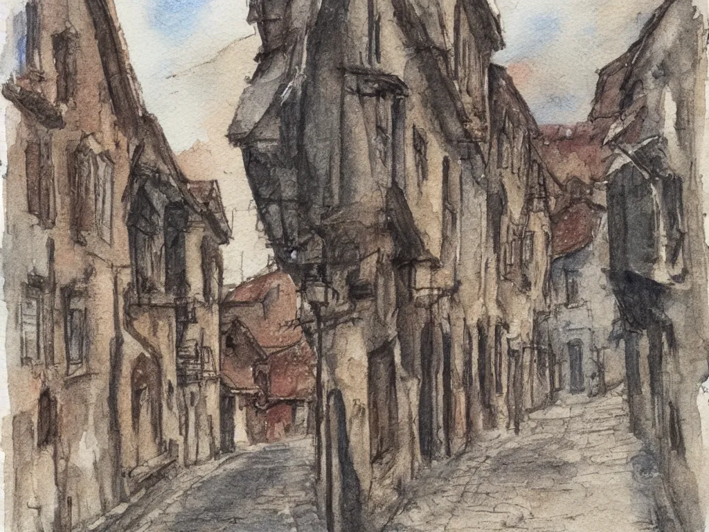 Prompt: a street in a old small village, pencil and watercolor