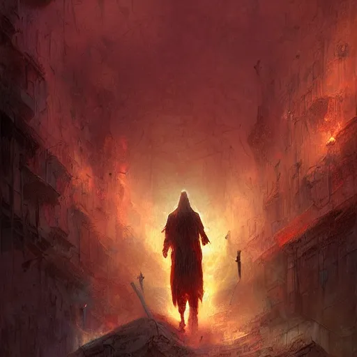 Image similar to Gods walking through hell, fantasy, by Marc Simonetti