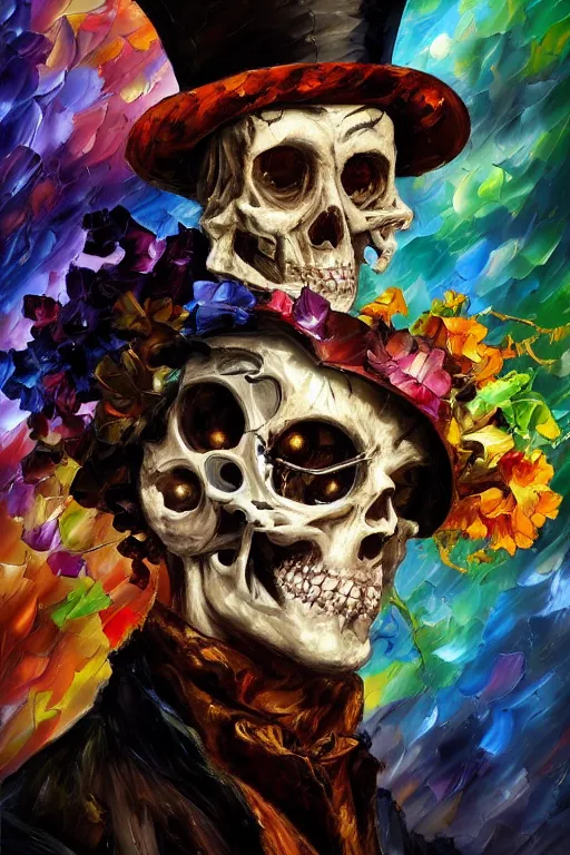 Prompt: palette knife oil painting portrait of a male baroque one - eyed cyborg demon gentleman wearing a tophat decorated with skulls and an arcane halo, floral growth, extreme detail, style by leonid afremov and degas, artstation trending, artgerm, deviant art, octane, substance, art history 8 k