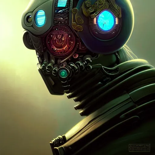 Image similar to low angle portrait shot of a cyberpunk gazmask robot character, intricate, elegant, highly detailed, centered, digital painting, artstation, concept art, smooth, sharp focus, illustration, artgerm, Tomasz Alen Kopera, Peter Mohrbacher, donato giancola, Joseph Christian Leyendecker, WLOP, Boris Vallejo