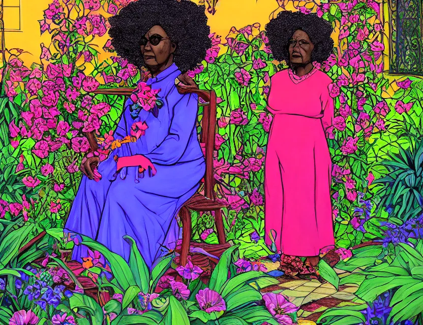 Prompt: black granny in vaporwave courtyard garden. complementary colors, gouache, indie concept art, bloom, chiaroscuro, backlighting, intricate details.