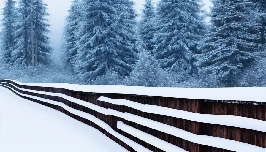 Image similar to wooden guardrails covered by snow in beautiful winter landscape. fog, snowstorm, photorealistic rendering, octane